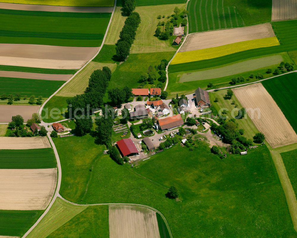 Hausen from above - Agricultural land and field boundaries surround the settlement area of the village in Hausen in the state Baden-Wuerttemberg, Germany