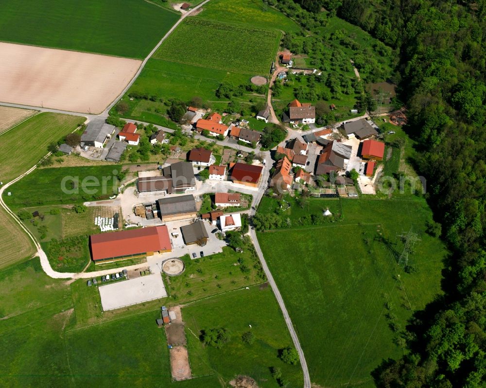 Aerial photograph Hegnauhof - Agricultural land and field boundaries surround the settlement area of the village in Hegnauhof in the state Baden-Wuerttemberg, Germany