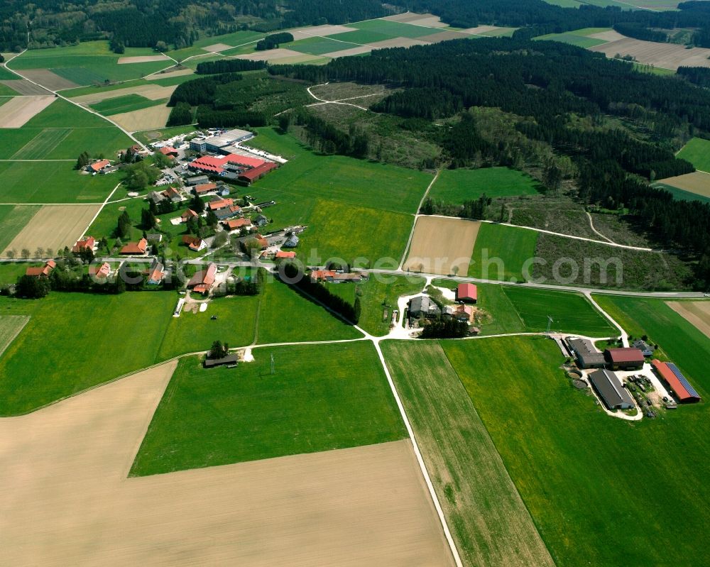 Heidhöfe from above - Agricultural land and field boundaries surround the settlement area of the village in Heidhöfe in the state Baden-Wuerttemberg, Germany