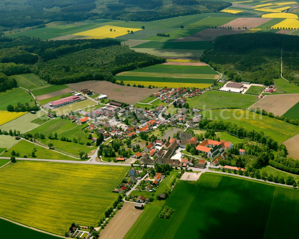 Heiligkreuztal from the bird's eye view: Agricultural land and field boundaries surround the settlement area of the village in Heiligkreuztal in the state Baden-Wuerttemberg, Germany