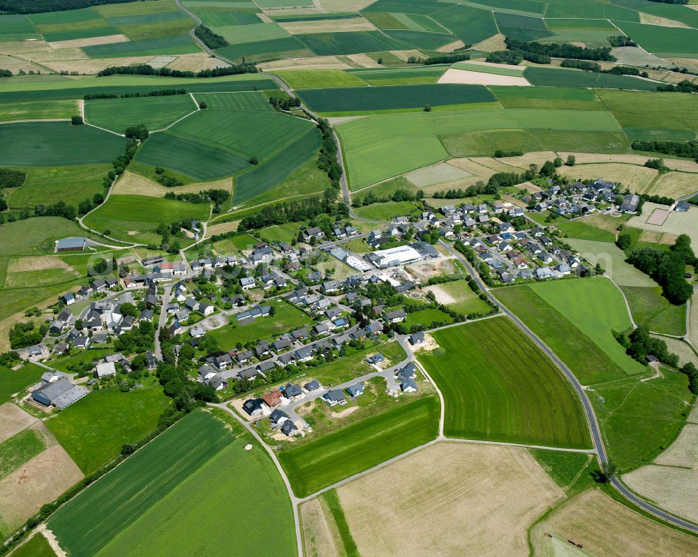 Heinzenbach from the bird's eye view: Agricultural land and field boundaries surround the settlement area of the village in Heinzenbach in the state Rhineland-Palatinate, Germany