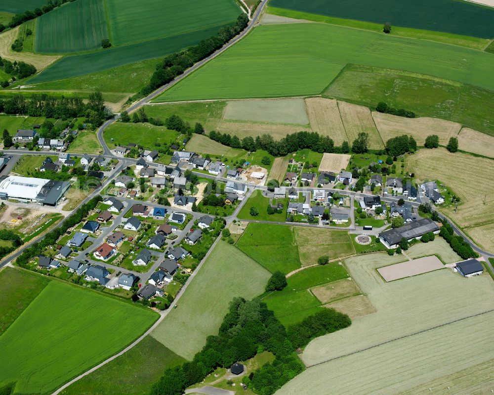 Aerial image Heinzenbach - Agricultural land and field boundaries surround the settlement area of the village in Heinzenbach in the state Rhineland-Palatinate, Germany