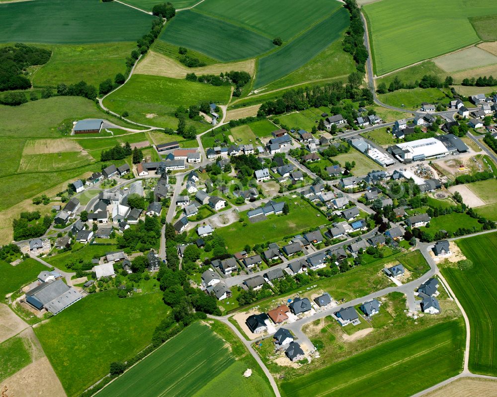 Aerial photograph Heinzenbach - Agricultural land and field boundaries surround the settlement area of the village in Heinzenbach in the state Rhineland-Palatinate, Germany