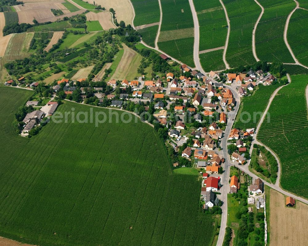 Aerial image Helfenberg - Agricultural land and field boundaries surround the settlement area of the village in Helfenberg in the state Baden-Wuerttemberg, Germany