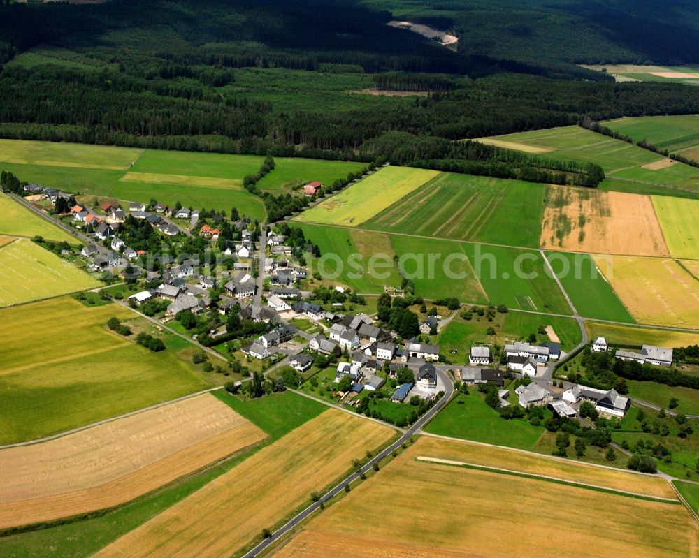 Aerial photograph Hellertshausen - Agricultural land and field boundaries surround the settlement area of the village in Hellertshausen in the state Rhineland-Palatinate, Germany