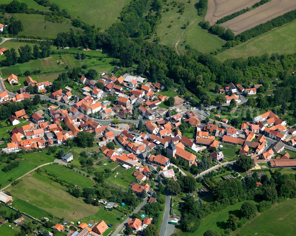 Helmsdorf from the bird's eye view: Agricultural land and field boundaries surround the settlement area of the village in Helmsdorf in the state Thuringia, Germany