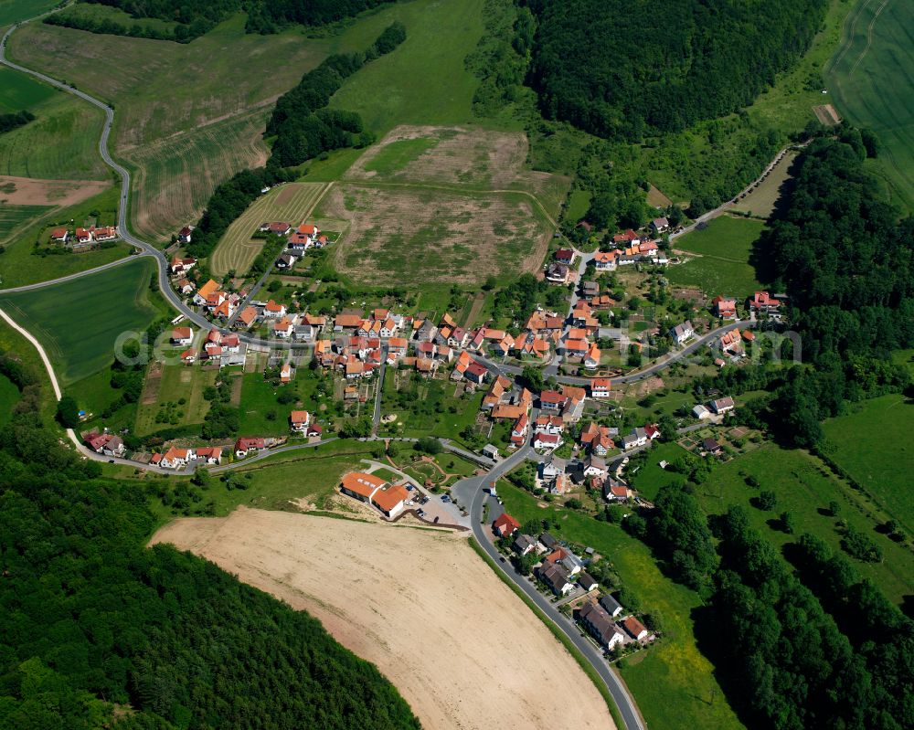 Hennigerode from the bird's eye view: Agricultural land and field boundaries surround the settlement area of the village in Hennigerode in the state Thuringia, Germany