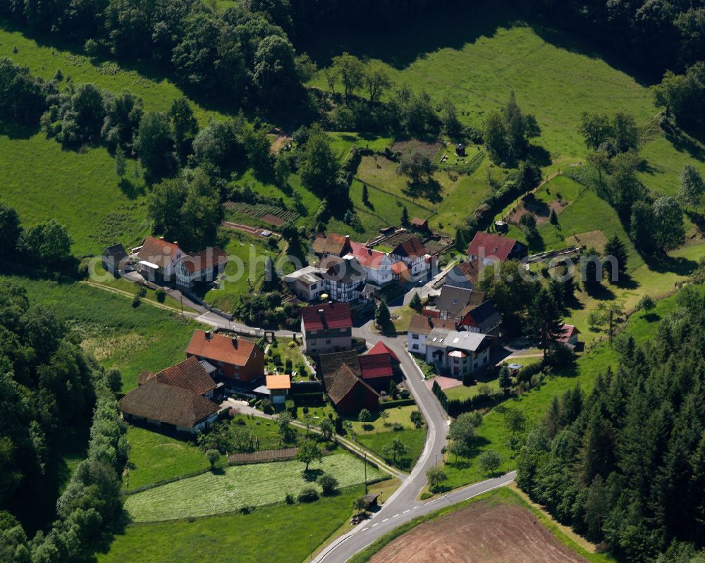 Aerial image Hennigerode - Agricultural land and field boundaries surround the settlement area of the village in Hennigerode in the state Thuringia, Germany