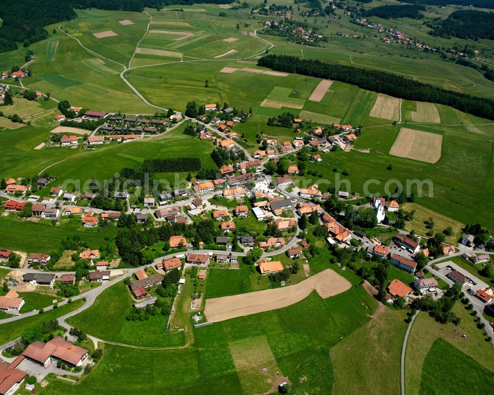 Herrischried from above - Agricultural land and field boundaries surround the settlement area of the village in Herrischried in the state Baden-Wuerttemberg, Germany