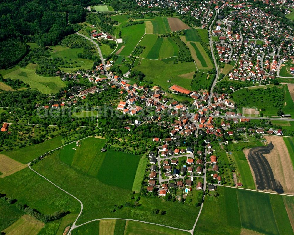 Heutensbach from above - Agricultural land and field boundaries surround the settlement area of the village in Heutensbach in the state Baden-Wuerttemberg, Germany