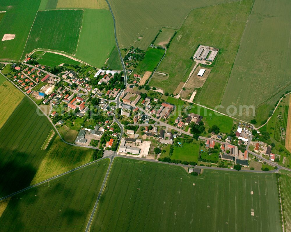 Heyda from the bird's eye view: Agricultural land and field boundaries surround the settlement area of the village in Heyda in the state Saxony, Germany