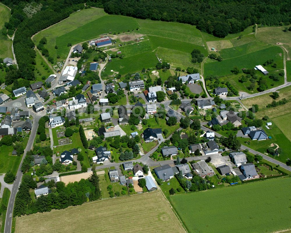 Heyweiler from above - Agricultural land and field boundaries surround the settlement area of the village in Heyweiler in the state Rhineland-Palatinate, Germany