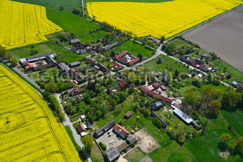 Aerial image Hilmsen - Agricultural land and field boundaries surround the settlement area of the village in Hilmsen in the state Saxony-Anhalt, Germany