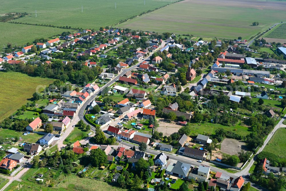 Aerial image Hinsdorf - Agricultural land and field boundaries surround the settlement area of the village in Hinsdorf in the state Saxony-Anhalt, Germany