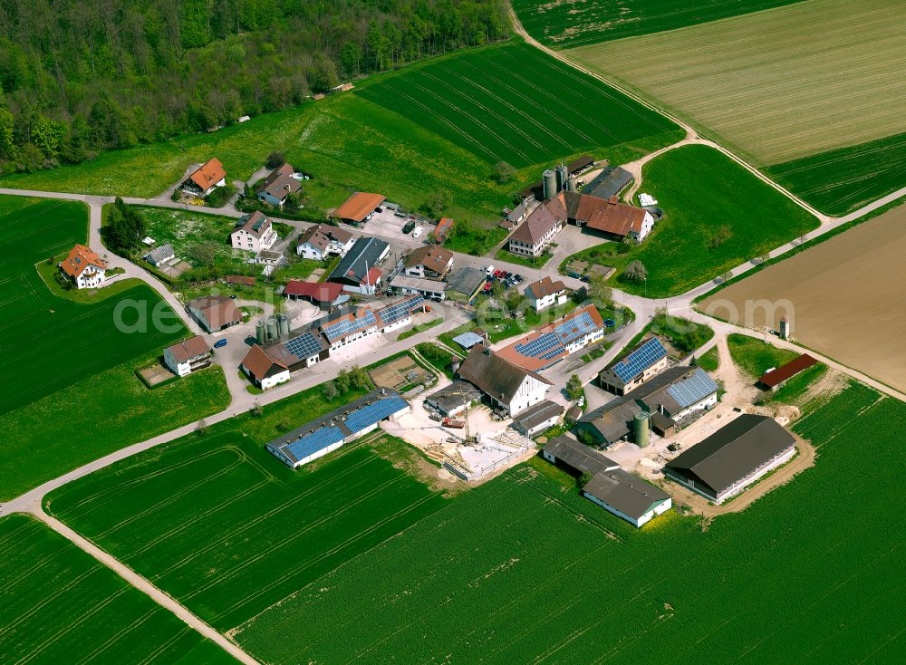 Hinterdenkental from the bird's eye view: Agricultural land and field boundaries surround the settlement area of the village in Hinterdenkental in the state Baden-Wuerttemberg, Germany