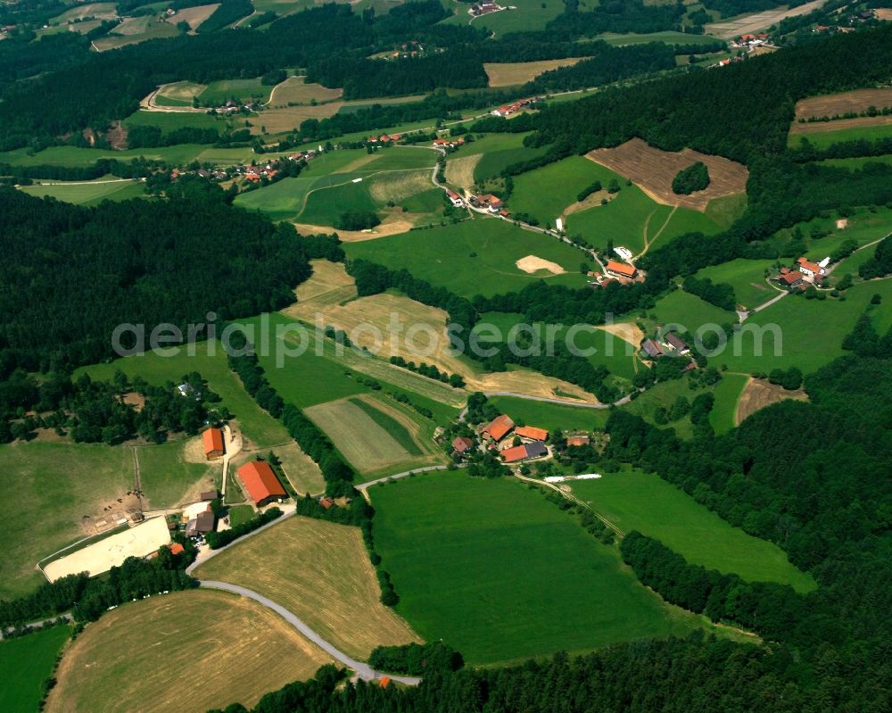 Hinterhof from the bird's eye view: Agricultural land and field boundaries surround the settlement area of the village in Hinterhof in the state Bavaria, Germany