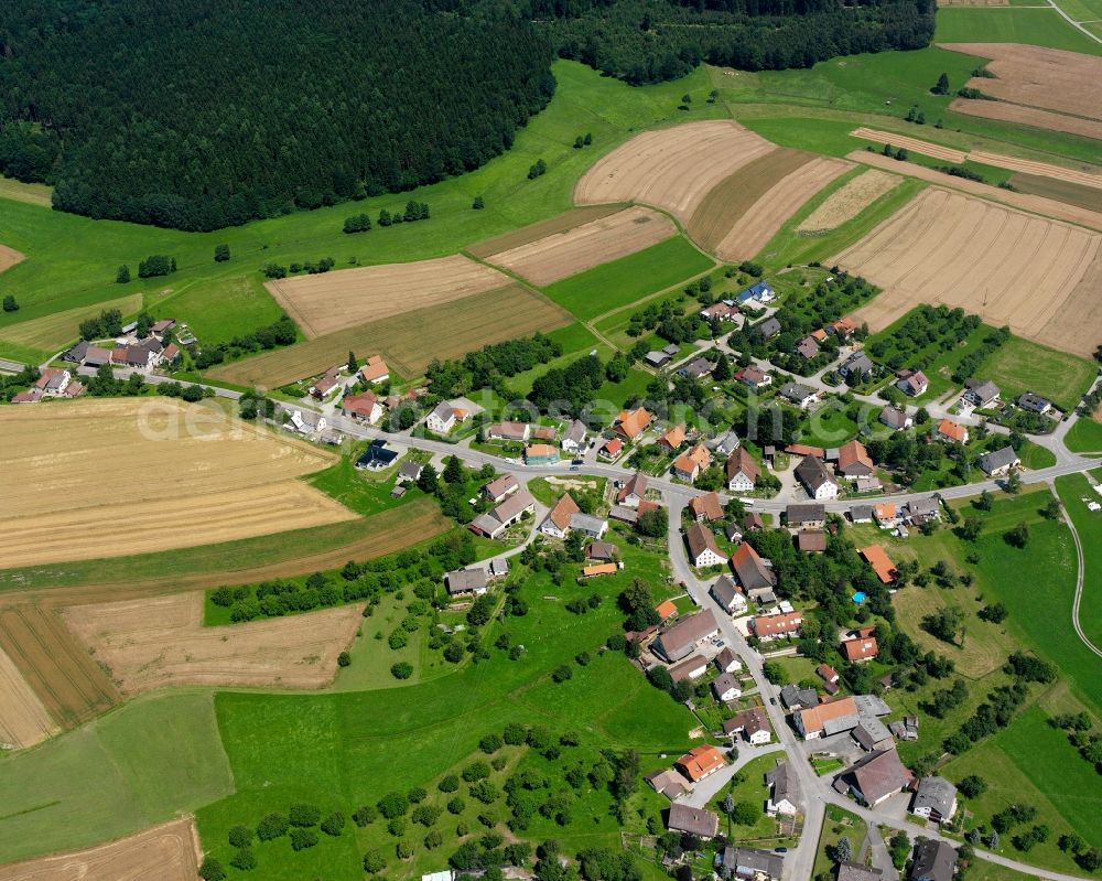 Hippetsweiler from the bird's eye view: Agricultural land and field boundaries surround the settlement area of the village in Hippetsweiler in the state Baden-Wuerttemberg, Germany