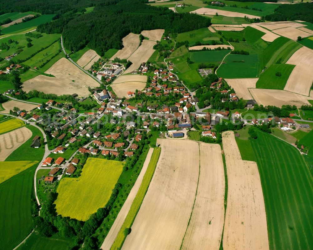 Aerial image Hirschbach - Agricultural land and field boundaries surround the settlement area of the village in Hirschbach in the state Bavaria, Germany