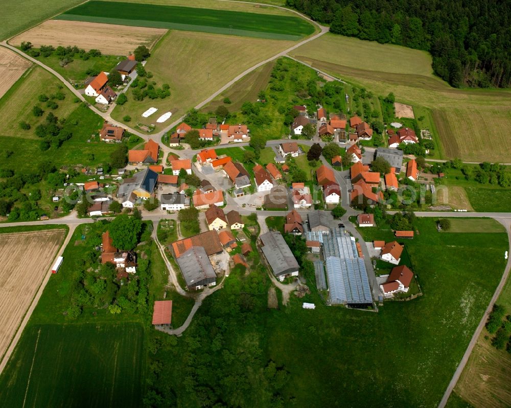 Aerial image Höldis - Agricultural land and field boundaries surround the settlement area of the village in Höldis in the state Baden-Wuerttemberg, Germany