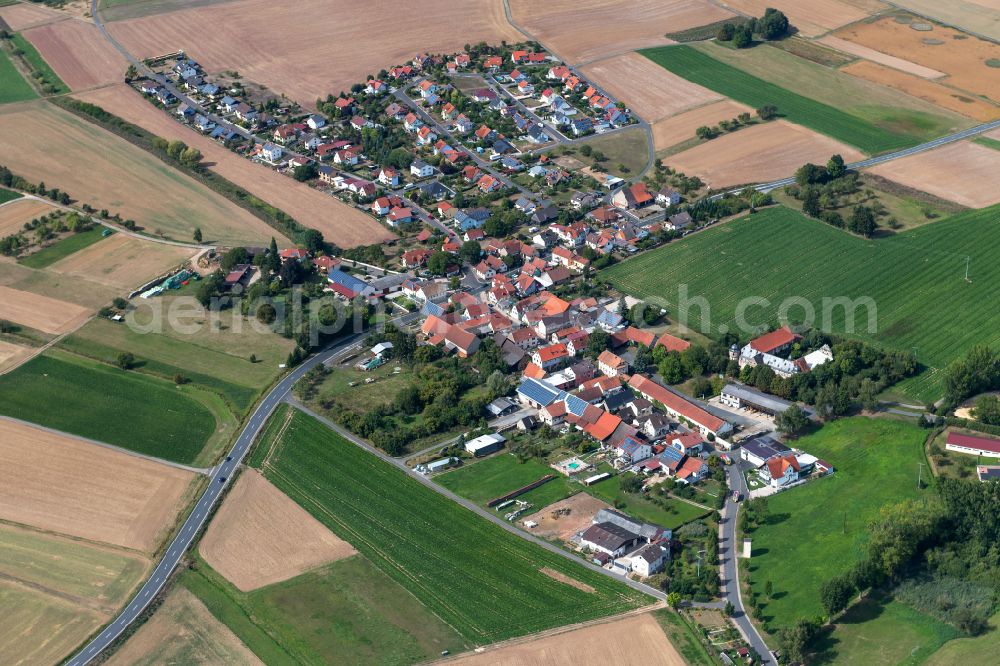 Höllrich from above - Agricultural land and field boundaries surround the settlement area of the village in Höllrich in the state Bavaria, Germany