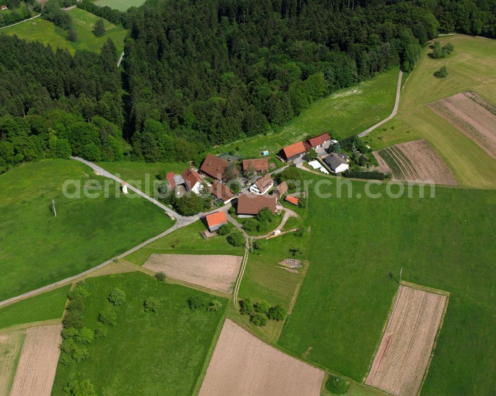 Hoffeld from above - Agricultural land and field boundaries surround the settlement area of the village in Hoffeld in the state Baden-Wuerttemberg, Germany