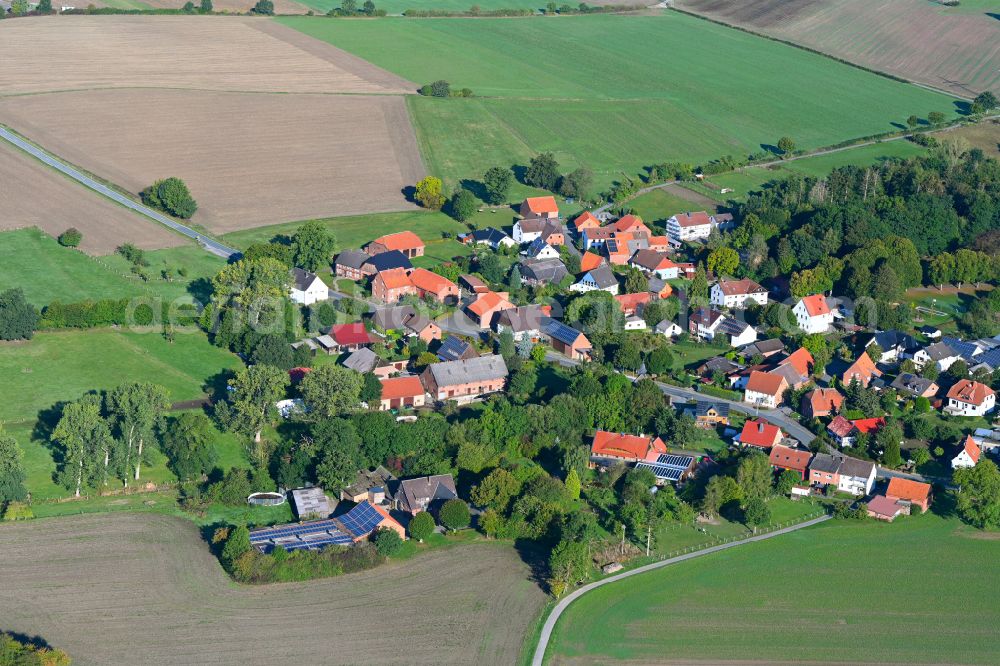 Aerial image Hohehaus - Agricultural land and field boundaries surround the settlement area of the village in Hohehaus in the state North Rhine-Westphalia, Germany