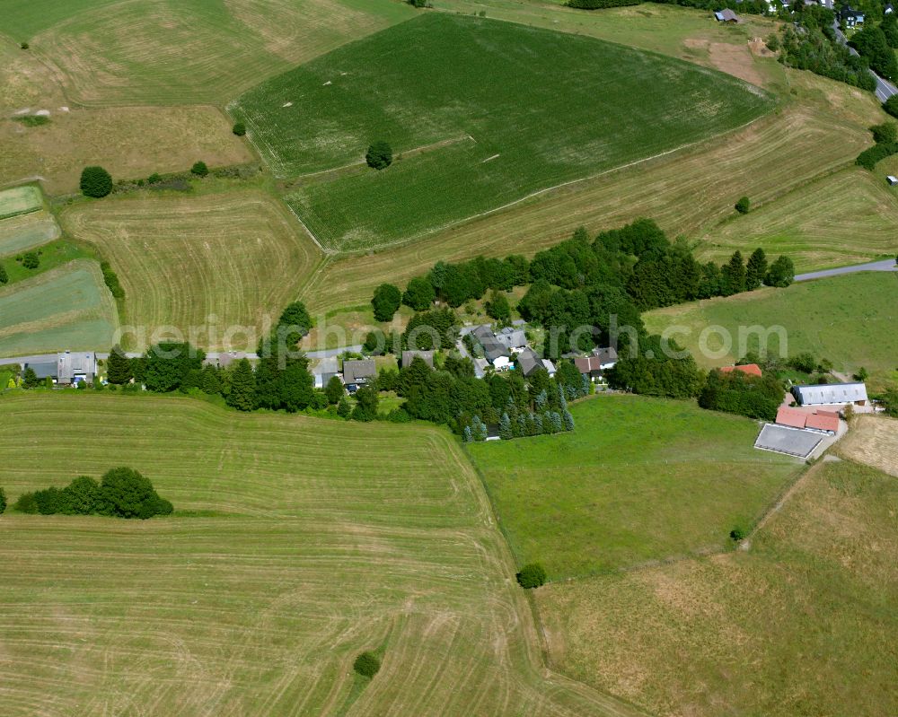 Hohenhengstenberg from above - Agricultural land and field boundaries surround the settlement area of the village in Hohenhengstenberg in the state North Rhine-Westphalia, Germany