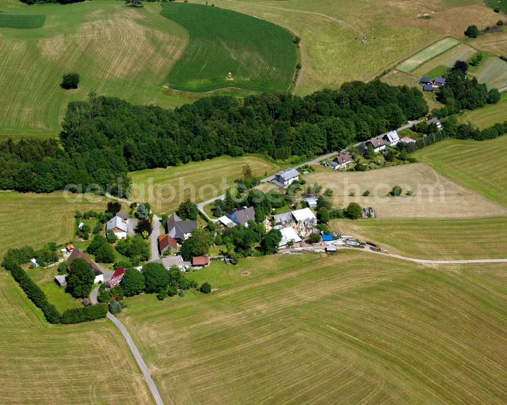 Hohenhengstenberg from the bird's eye view: Agricultural land and field boundaries surround the settlement area of the village in Hohenhengstenberg in the state North Rhine-Westphalia, Germany