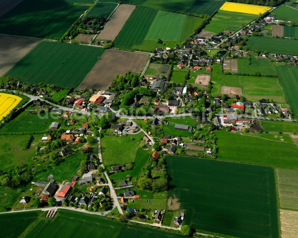 Hohenhorn from the bird's eye view: Agricultural land and field boundaries surround the settlement area of the village in Hohenhorn in the state Schleswig-Holstein, Germany