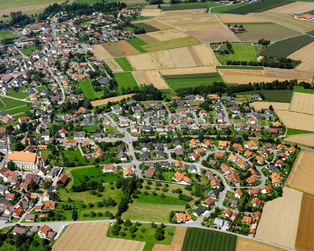 Hohentengen from the bird's eye view: Agricultural land and field boundaries surround the settlement area of the village in Hohentengen in the state Baden-Wuerttemberg, Germany