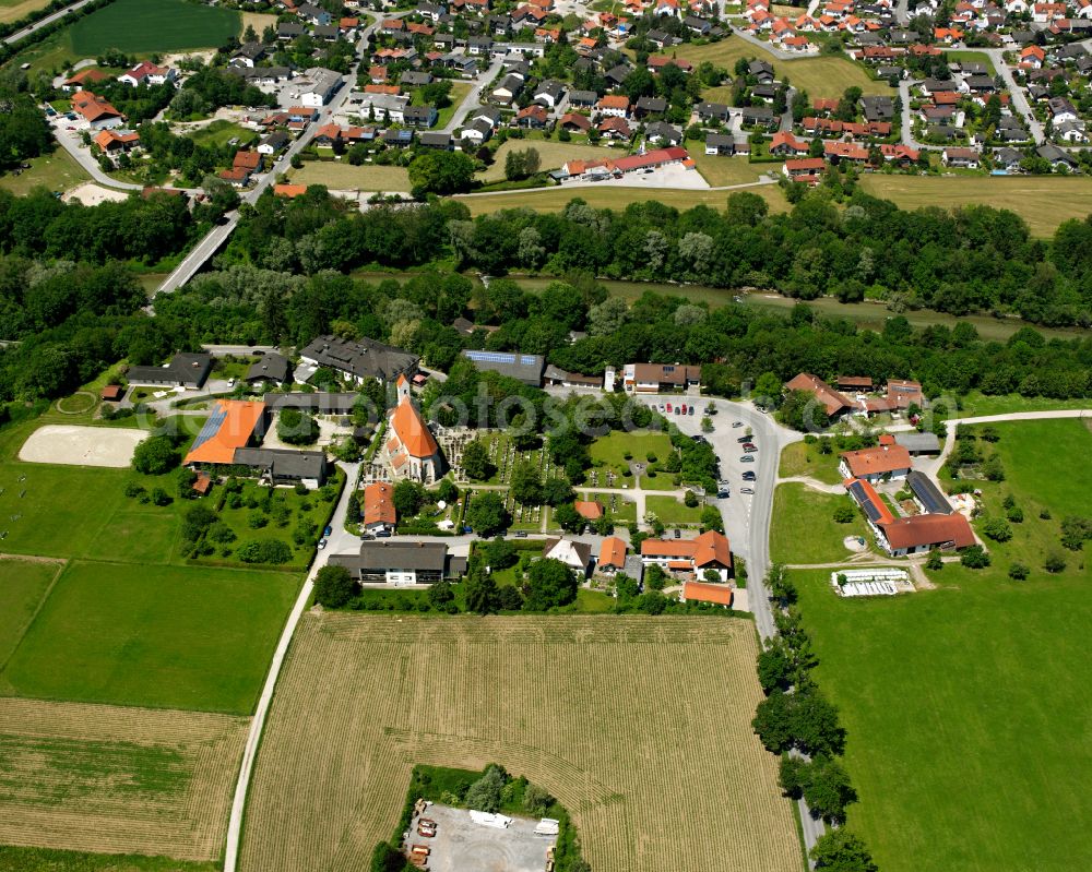 Hohenwart from above - Agricultural land and field boundaries surround the settlement area of the village in Hohenwart in the state Bavaria, Germany