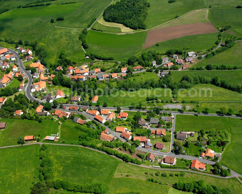 Holzmühl from the bird's eye view: Agricultural land and field boundaries surround the settlement area of the village in Holzmühl in the state Hesse, Germany