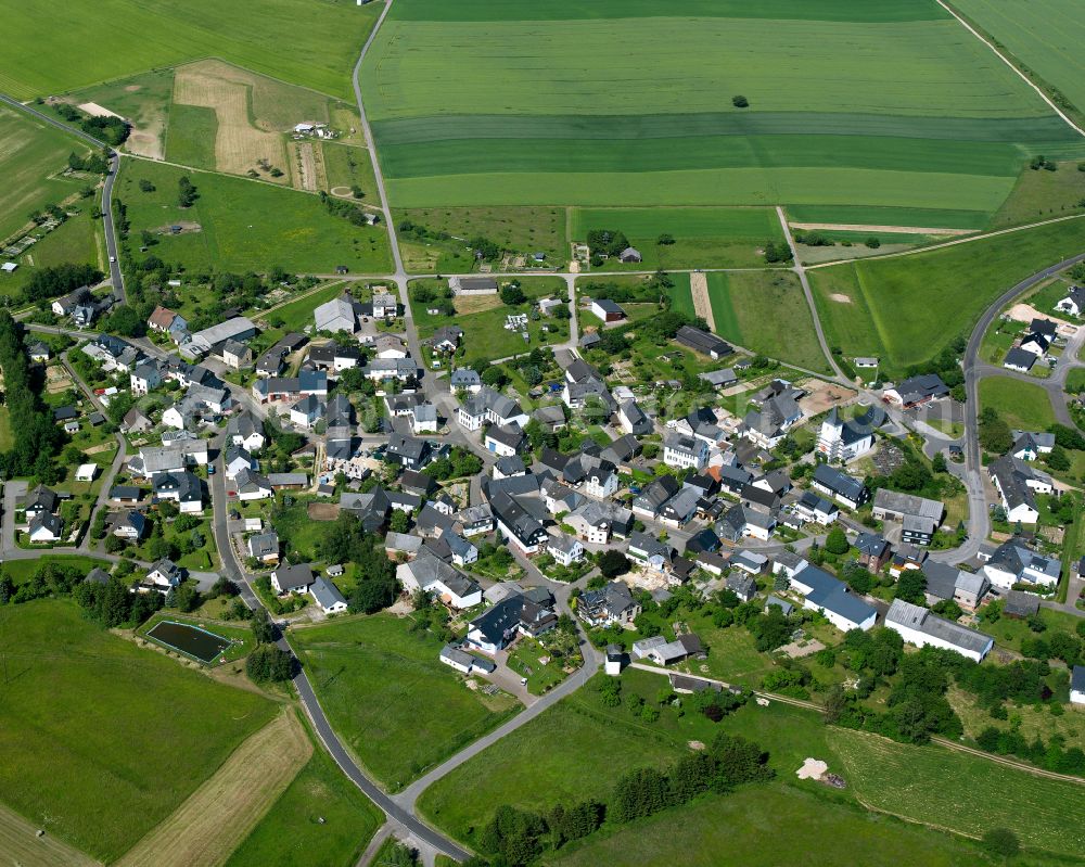 Horn from the bird's eye view: Agricultural land and field boundaries surround the settlement area of the village in Horn in the state Rhineland-Palatinate, Germany