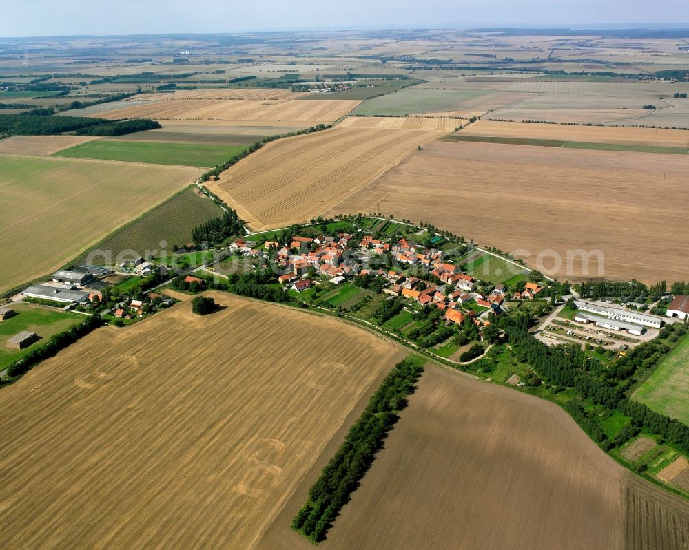 Aerial photograph Hornsömmern - Agricultural land and field boundaries surround the settlement area of the village in Hornsömmern in the state Thuringia, Germany