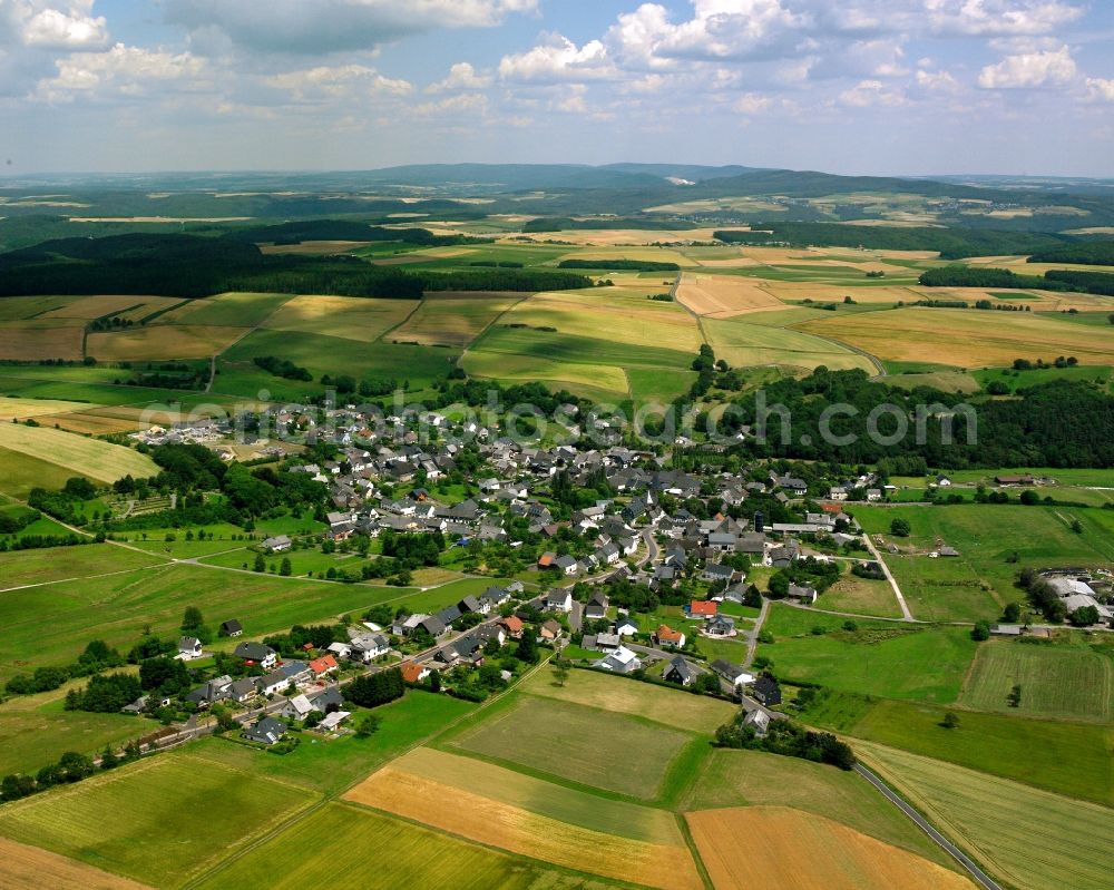 Hottenbach from the bird's eye view: Agricultural land and field boundaries surround the settlement area of the village in Hottenbach in the state Rhineland-Palatinate, Germany