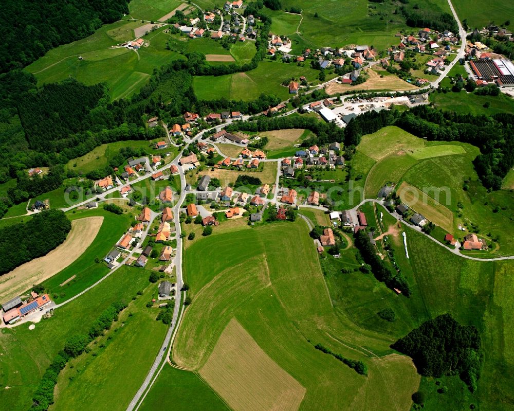 Hottingen from above - Agricultural land and field boundaries surround the settlement area of the village in Hottingen in the state Baden-Wuerttemberg, Germany