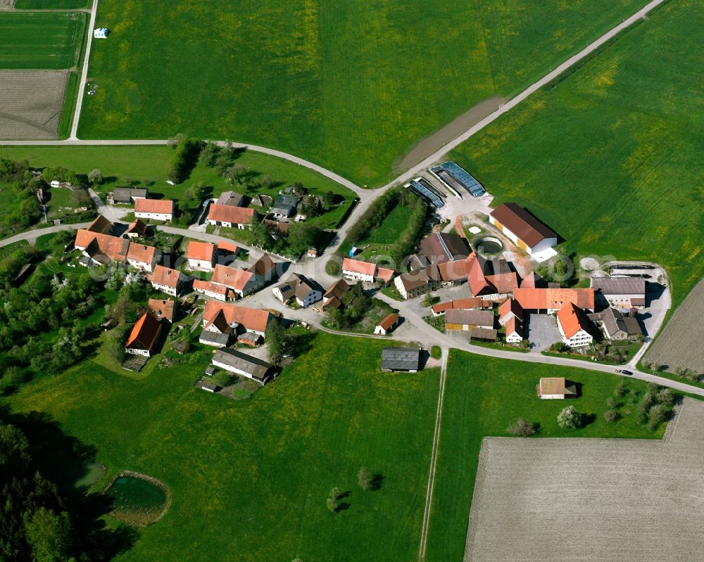 Aerial photograph Hürbel a.Rangen - Agricultural land and field boundaries surround the settlement area of the village in Hürbel a.Rangen in the state Bavaria, Germany