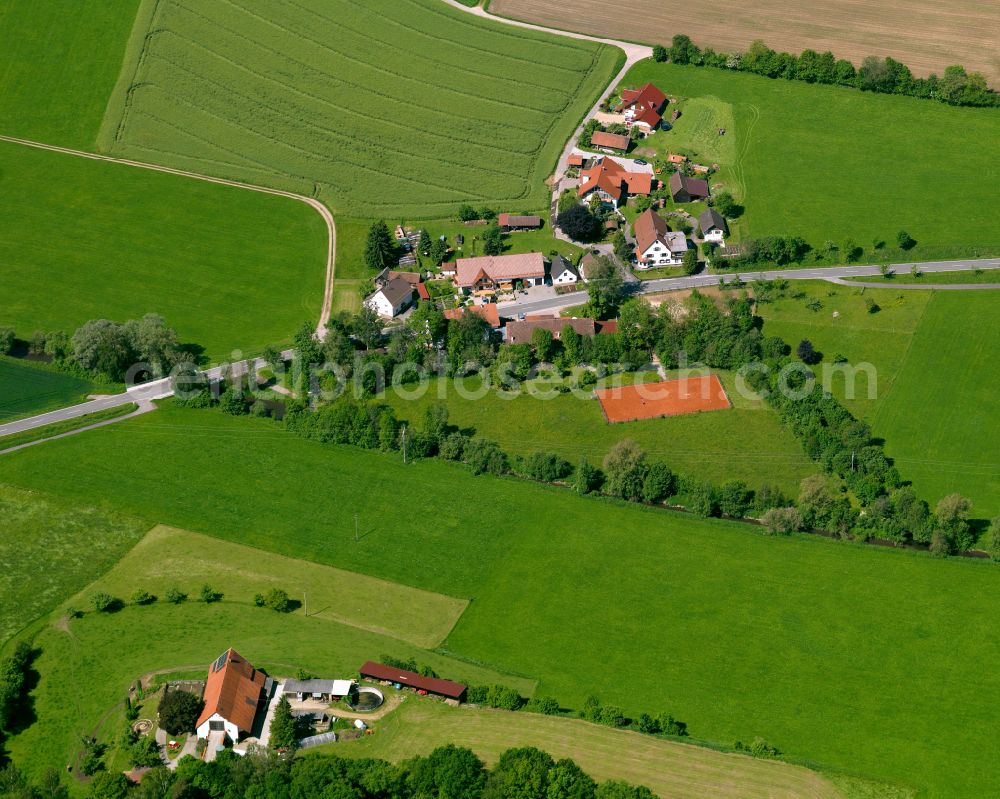 Hürbel from the bird's eye view: Agricultural land and field boundaries surround the settlement area of the village in Hürbel in the state Baden-Wuerttemberg, Germany