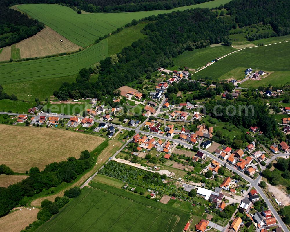 Hundeshagen from the bird's eye view: Agricultural land and field boundaries surround the settlement area of the village in Hundeshagen in the state Thuringia, Germany