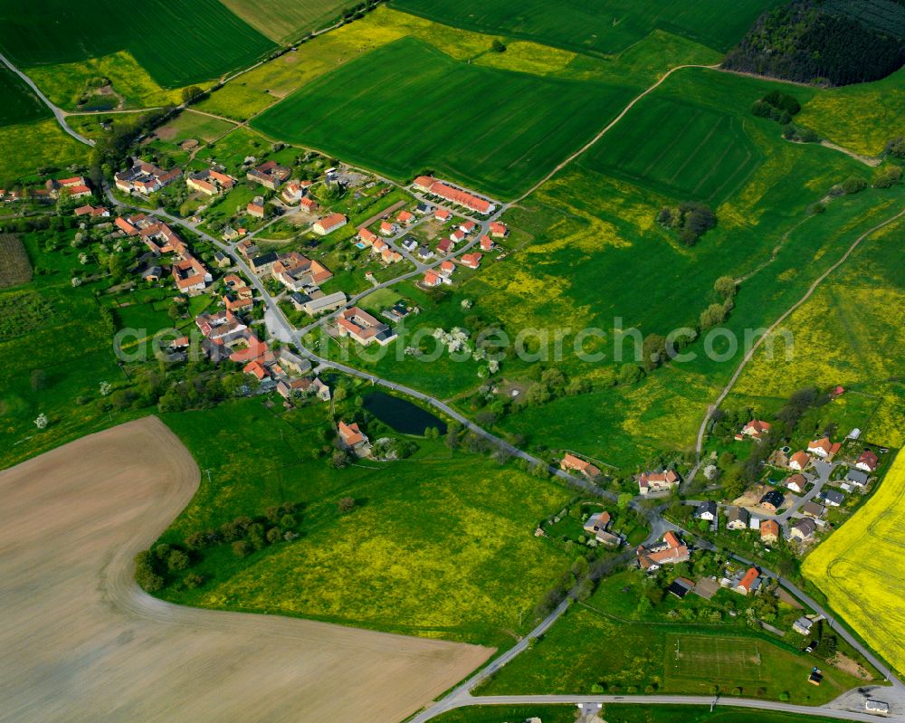 Hundhaupten from above - Agricultural land and field boundaries surround the settlement area of the village in Hundhaupten in the state Thuringia, Germany