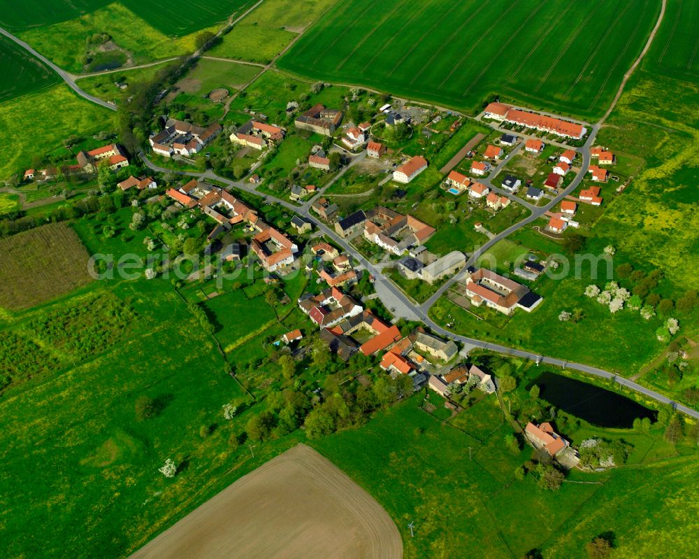 Hundhaupten from the bird's eye view: Agricultural land and field boundaries surround the settlement area of the village in Hundhaupten in the state Thuringia, Germany