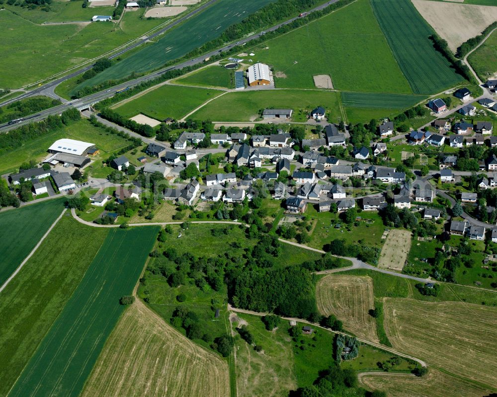 Aerial image Hungenroth - Agricultural land and field boundaries surround the settlement area of the village in Hungenroth in the state Rhineland-Palatinate, Germany