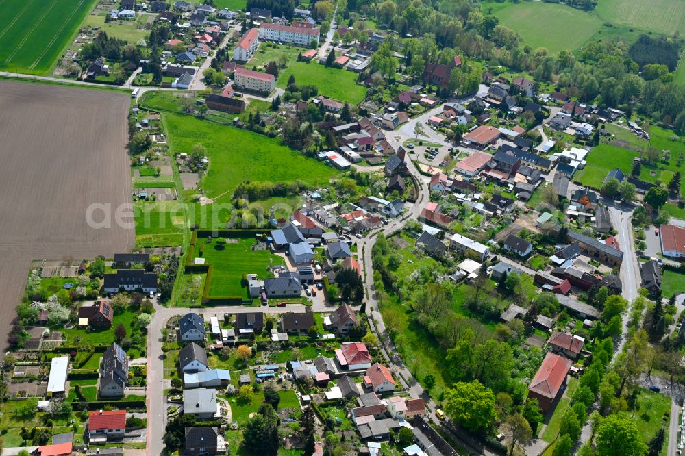 Iden from above - Agricultural land and field boundaries surround the settlement area of the village in Iden in the state Saxony-Anhalt, Germany