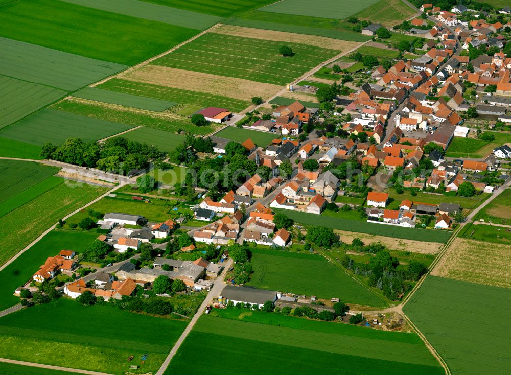 Ilbesheim from above - Agricultural land and field boundaries surround the settlement area of the village in Ilbesheim in the state Rhineland-Palatinate, Germany