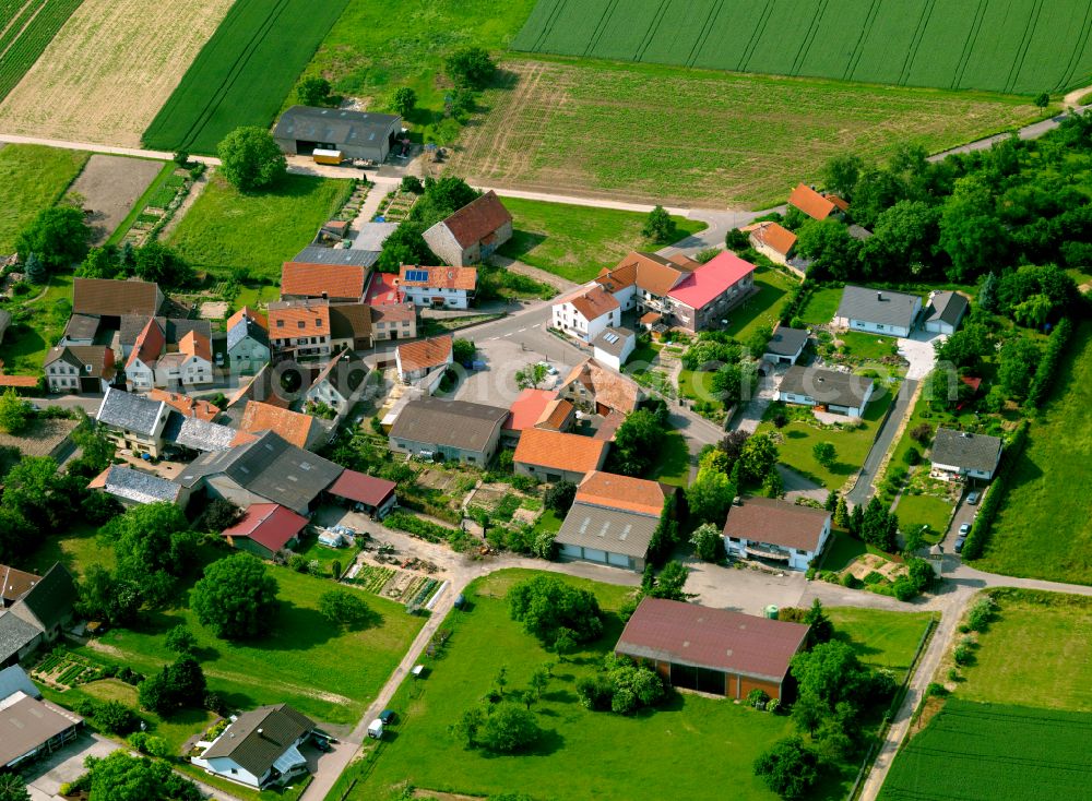 Ilbesheim from the bird's eye view: Agricultural land and field boundaries surround the settlement area of the village in Ilbesheim in the state Rhineland-Palatinate, Germany