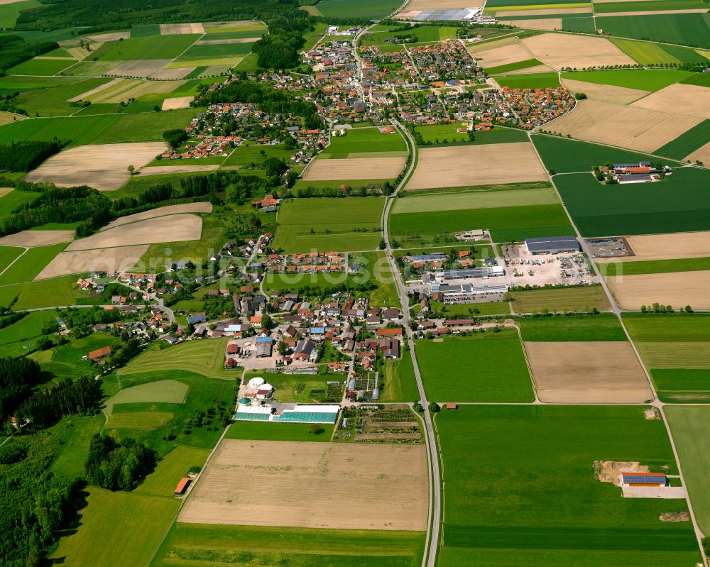 Aerial image Illerbachen - Agricultural land and field boundaries surround the settlement area of the village in Illerbachen in the state Baden-Wuerttemberg, Germany