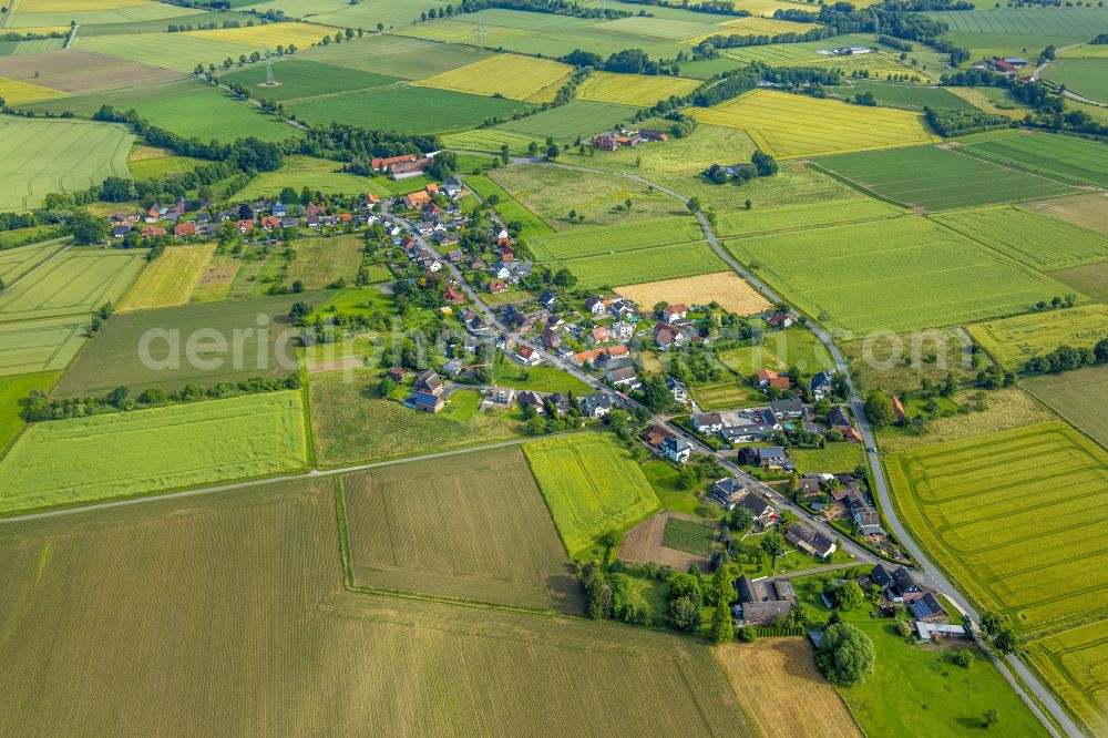 Aerial image Illingen - Agricultural land and field boundaries surround the settlement area of the village in Illingen in the state North Rhine-Westphalia, Germany