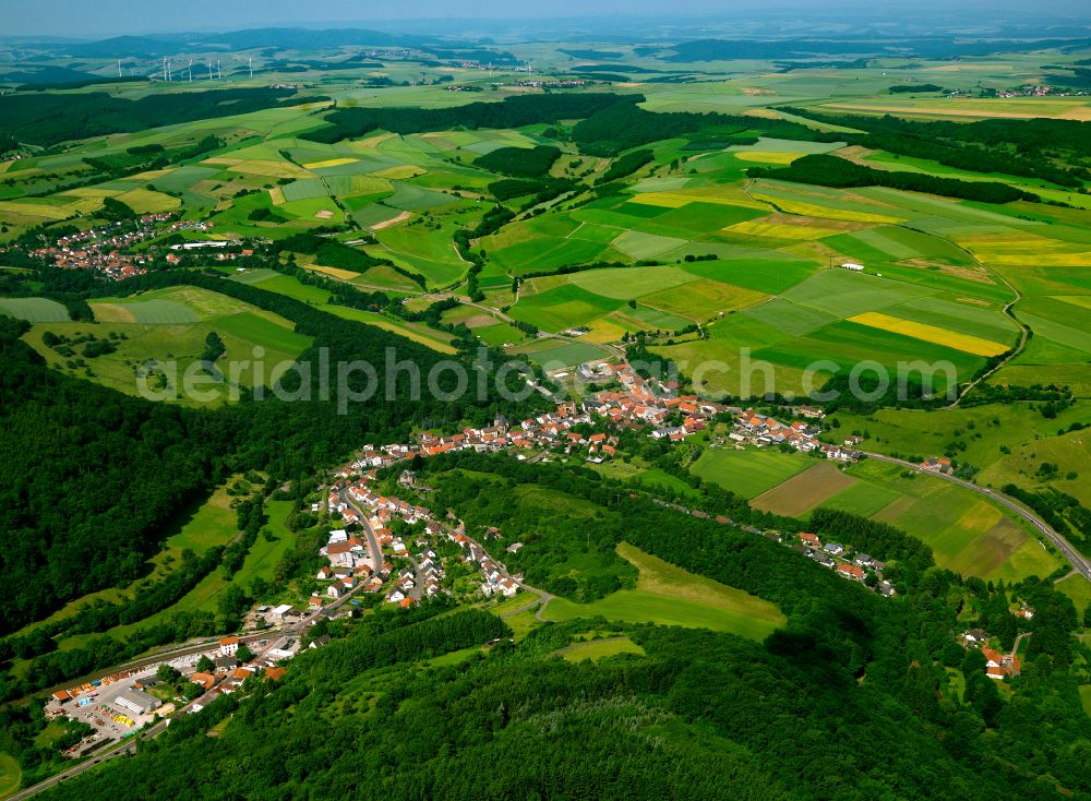 Imsweiler from the bird's eye view: Agricultural land and field boundaries surround the settlement area of the village in Imsweiler in the state Rhineland-Palatinate, Germany