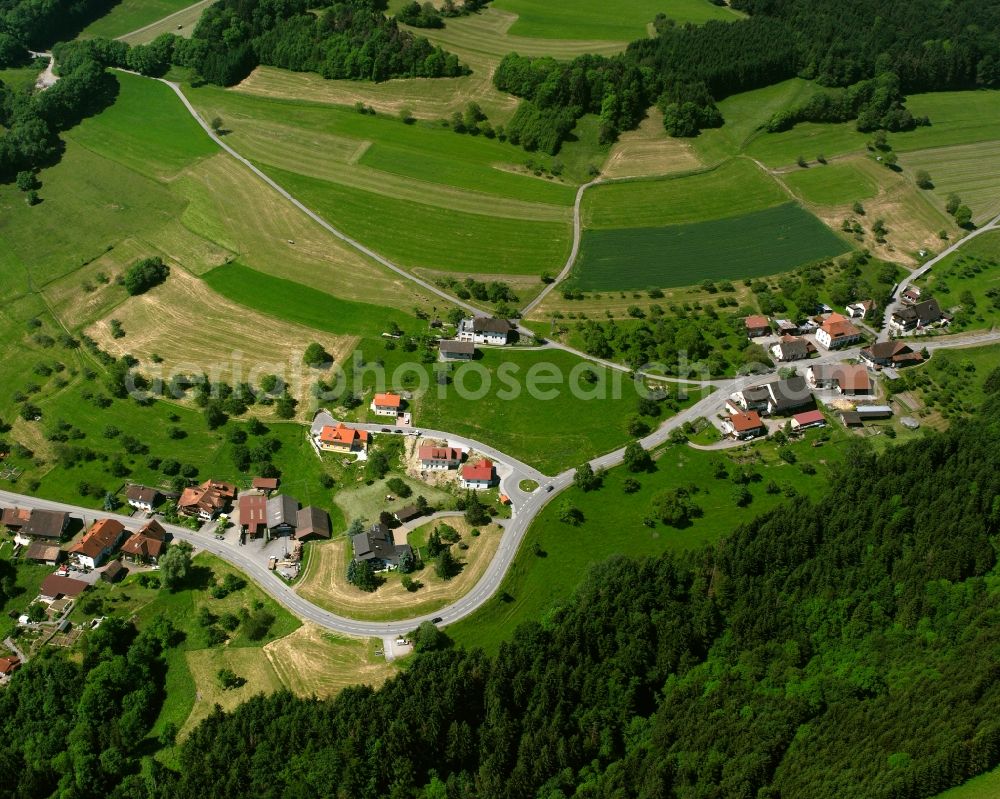 Aerial image Indlekofen - Agricultural land and field boundaries surround the settlement area of the village in Indlekofen in the state Baden-Wuerttemberg, Germany