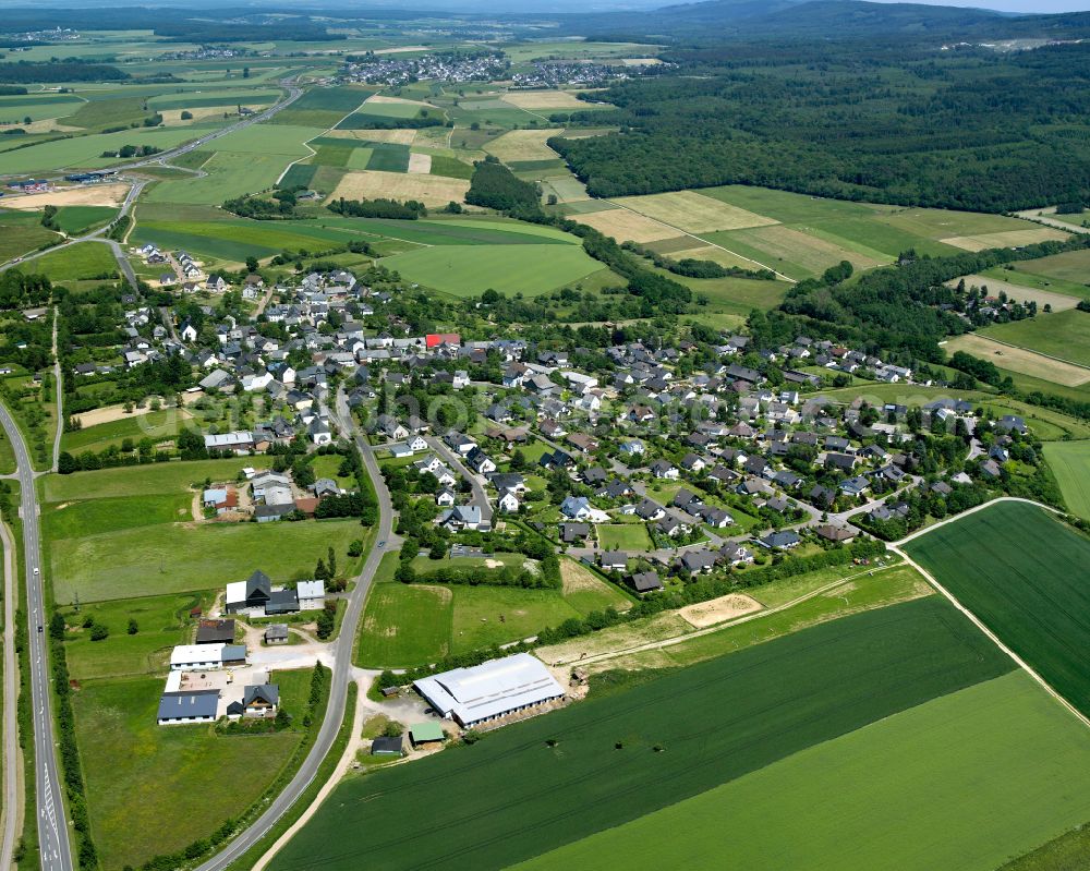 Industriepark from above - Agricultural land and field boundaries surround the settlement area of the village in Industriepark in the state Rhineland-Palatinate, Germany